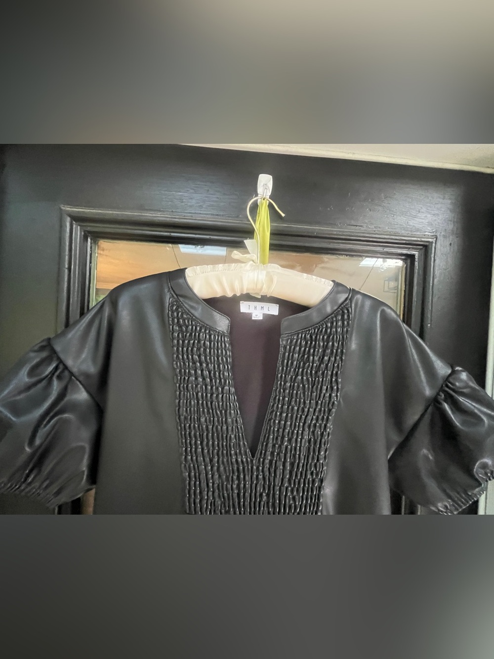 THML Black Faux Leather Gathered Front Puff-Sleeve Top
